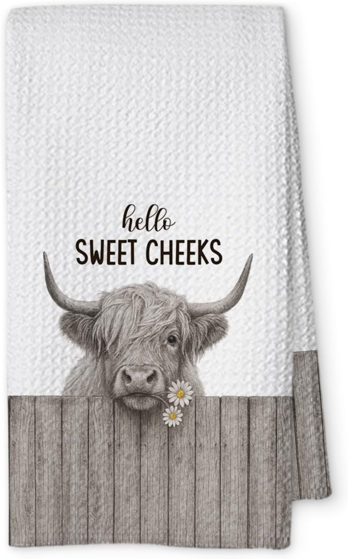 Threegoat Funny Cute Highland Cow Hand Towels for Bathroom,1 PCS Cow Decor Farmhouse Kitchen Towels,Animal Decorative Towels for Western Country,pet Gifts for Women, Pet Owners Housewarming - B02 - Image 1